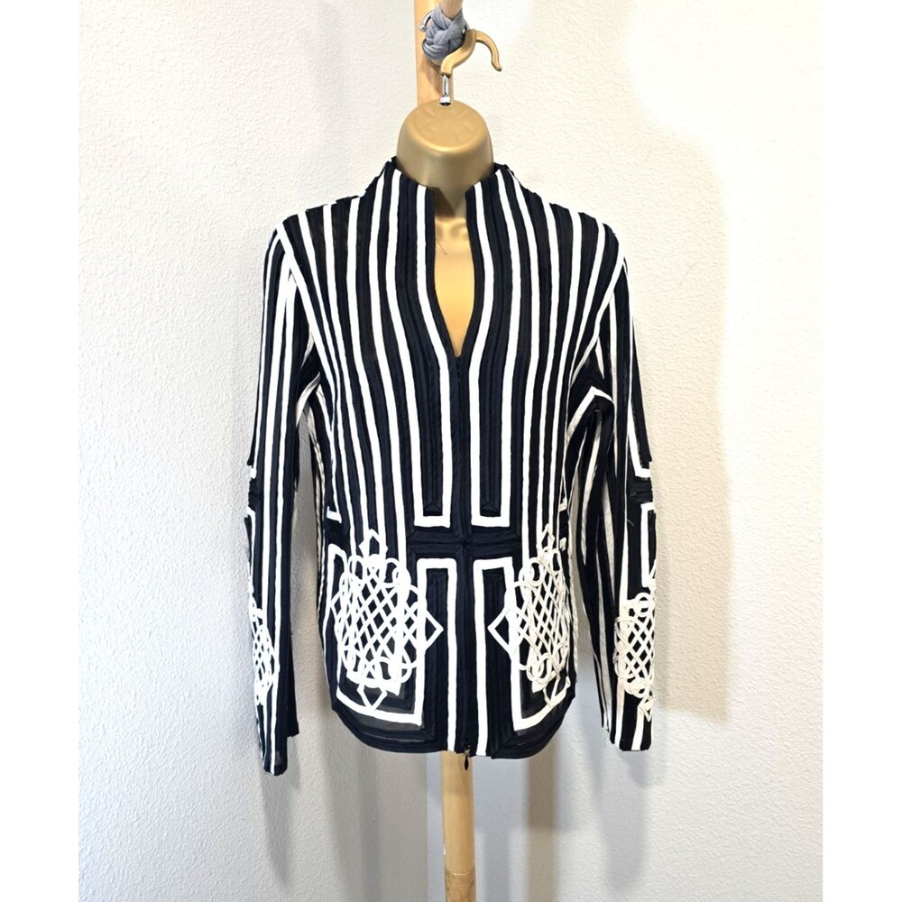 Vintage Weavz Black Sheer Stripe Blazer Jacket Med Zip Embroidered Art Statement